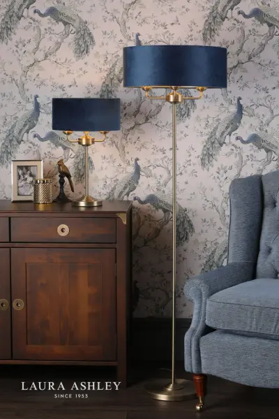 Sorrento 3 Light Table Lamp Antique Brass & Blue Shade