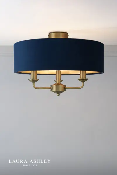 Sorrento Antique Brass Semi Flush Light C/W Blue Shade