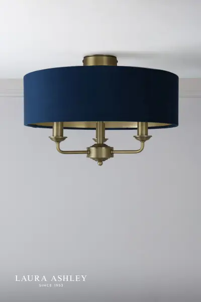 Sorrento Antique Brass Semi Flush Light C/W Blue Shade