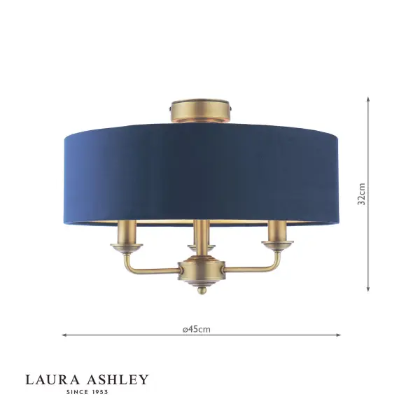 Sorrento Antique Brass Semi Flush Light C/W Blue Shade