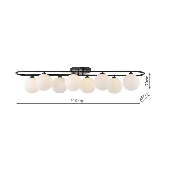 Luana 8 Light Semi Flush Fitting in Matt Black & Opal Glass