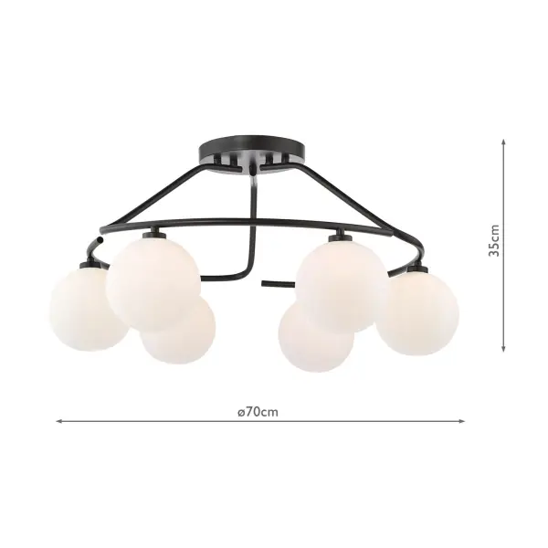 Luana 6 Light Semi Flush Fitting in Matt Black & Opal Glass