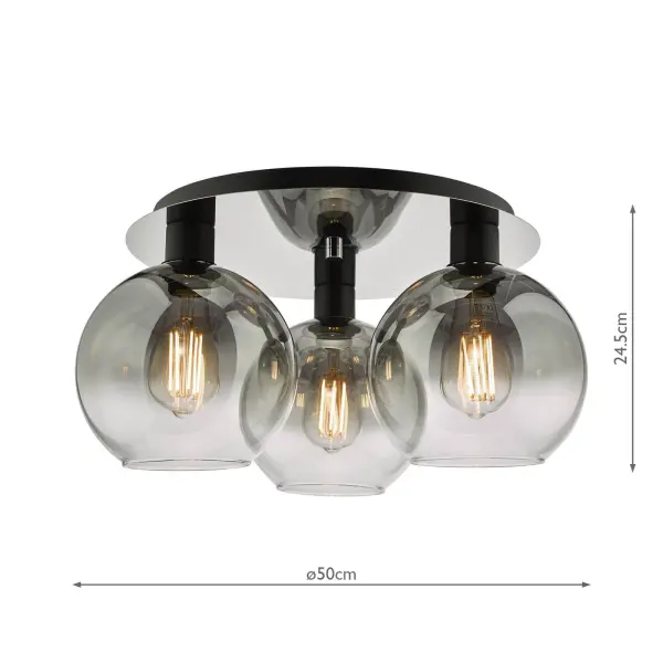 Lycia 3 Light Flush Fitting in Matt Black & Smoked Ombre Glass
