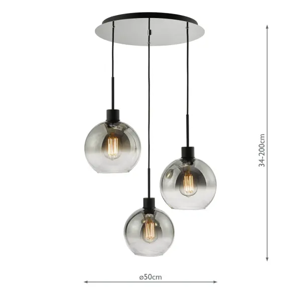 Lycia 3 Light Matt Black Cluster Pendant with Smoked Ombre Glass