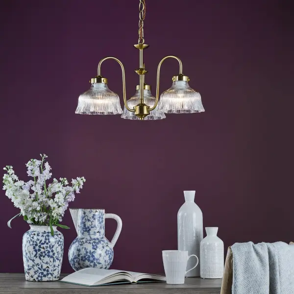 Maude 3 Light Natural Brass & Ribbed Glass Pendant