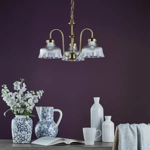 Maude 3 Light Natural Brass & Ribbed Glass Pendant