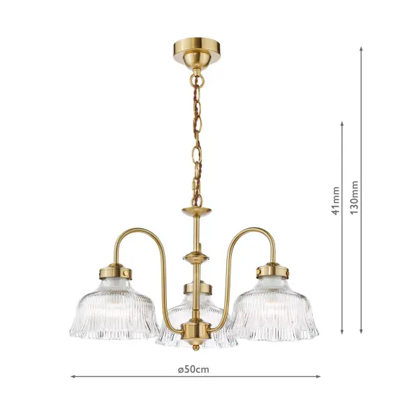 Maude 3 Light Natural Brass & Ribbed Glass Pendant