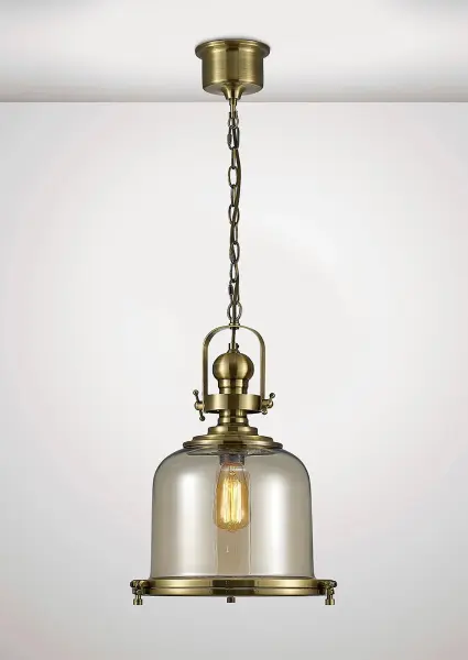 Riley Medium Bell Pendant in Antique Brass & Cognac Glass