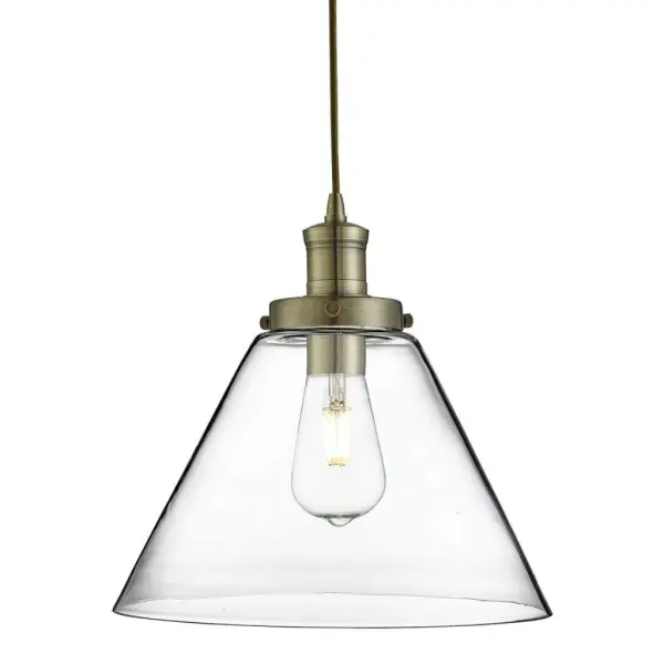 Pyramid 1 Light Pendant Antique Brass, Clear Pyramid Glass Shade