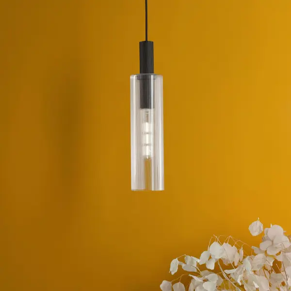 Ruben Satin Black & Ribbed Glass Pendant