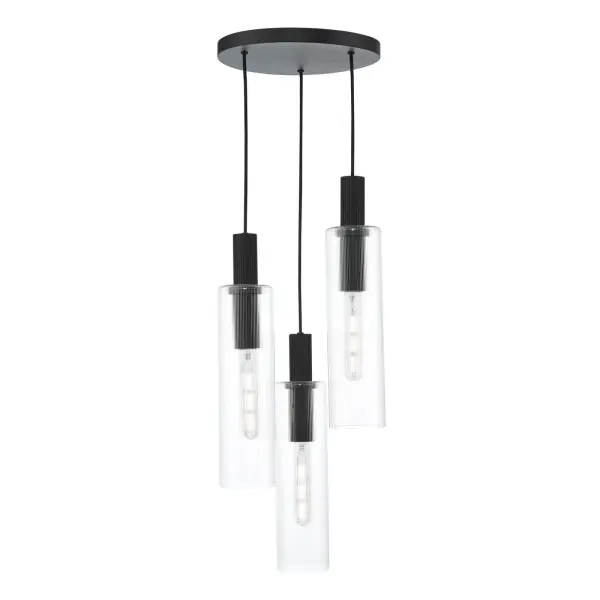 Ruben 3 Light Cluster in Satin Black & Ribbed Glass Pendant