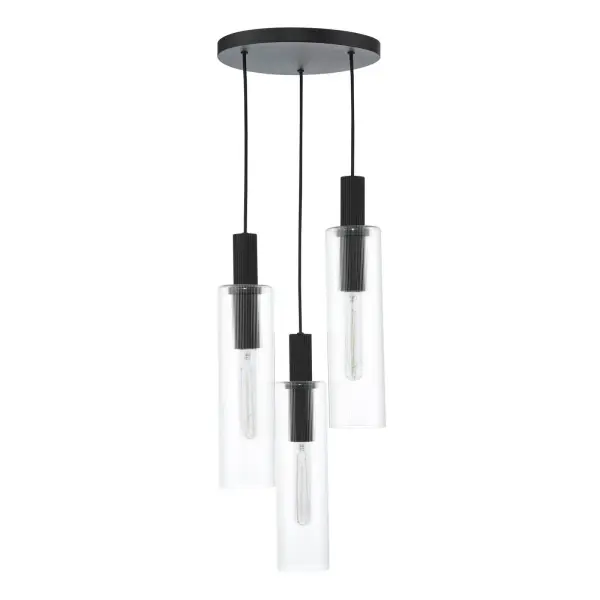 Ruben 3 Light Cluster in Satin Black & Ribbed Glass Pendant