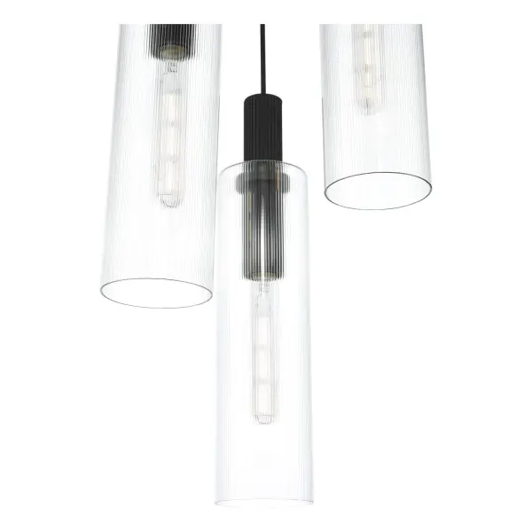 Ruben 3 Light Cluster in Satin Black & Ribbed Glass Pendant