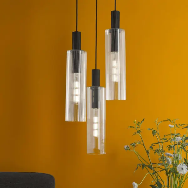 Ruben 3 Light Cluster in Satin Black & Ribbed Glass Pendant