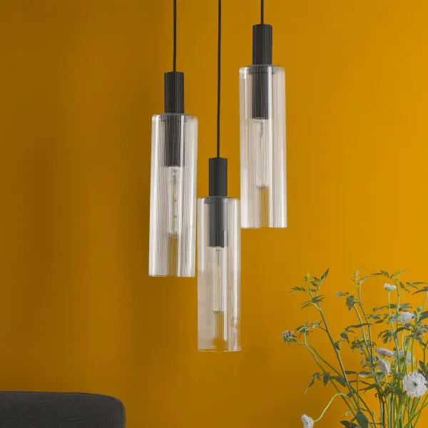 Ruben 3 Light Cluster in Satin Black & Ribbed Glass Pendant