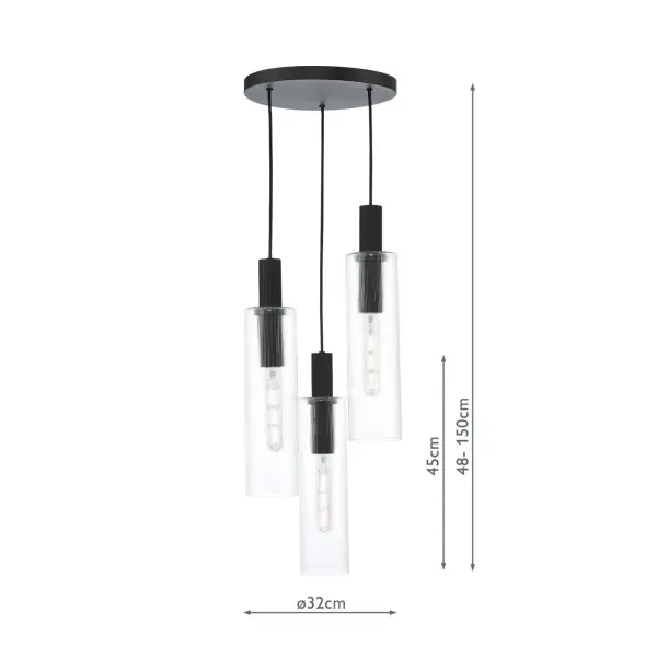 Ruben 3 Light Cluster in Satin Black & Ribbed Glass Pendant