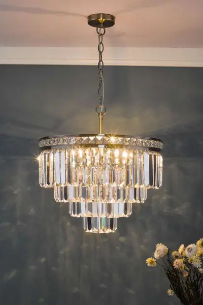 Vyana 4 Light 4 Tier Pendant in Antique Brass with Crystal Droppers