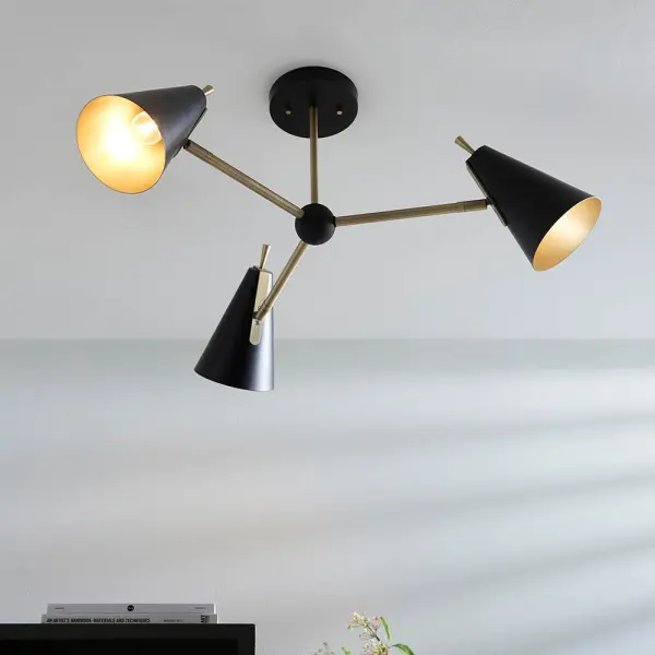 Matt Antique Gold & Matt Black 3 Light Semi Flush
