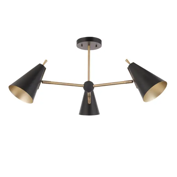 Matt Antique Gold & Matt Black 3 Light Semi Flush