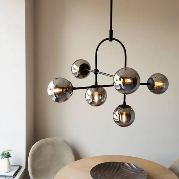 Erin 6 Light Black Pendant C/W Smoked Shades