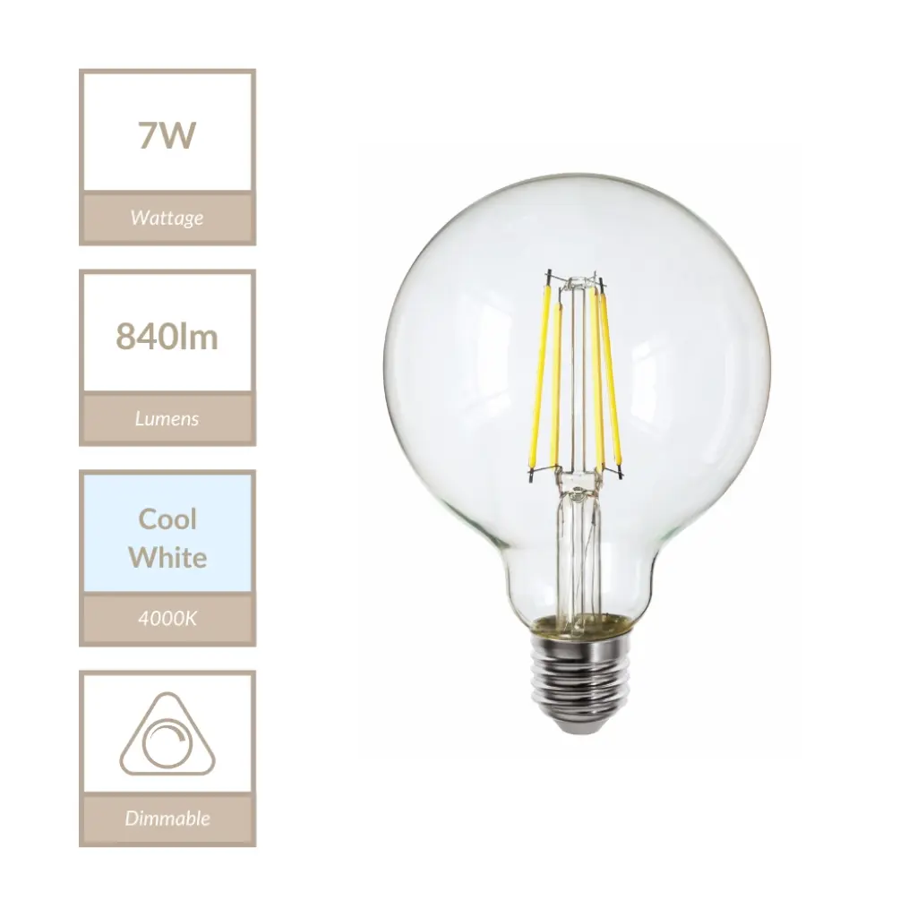 7W E27 Dimmable 95mm Clear Globe in Cool White