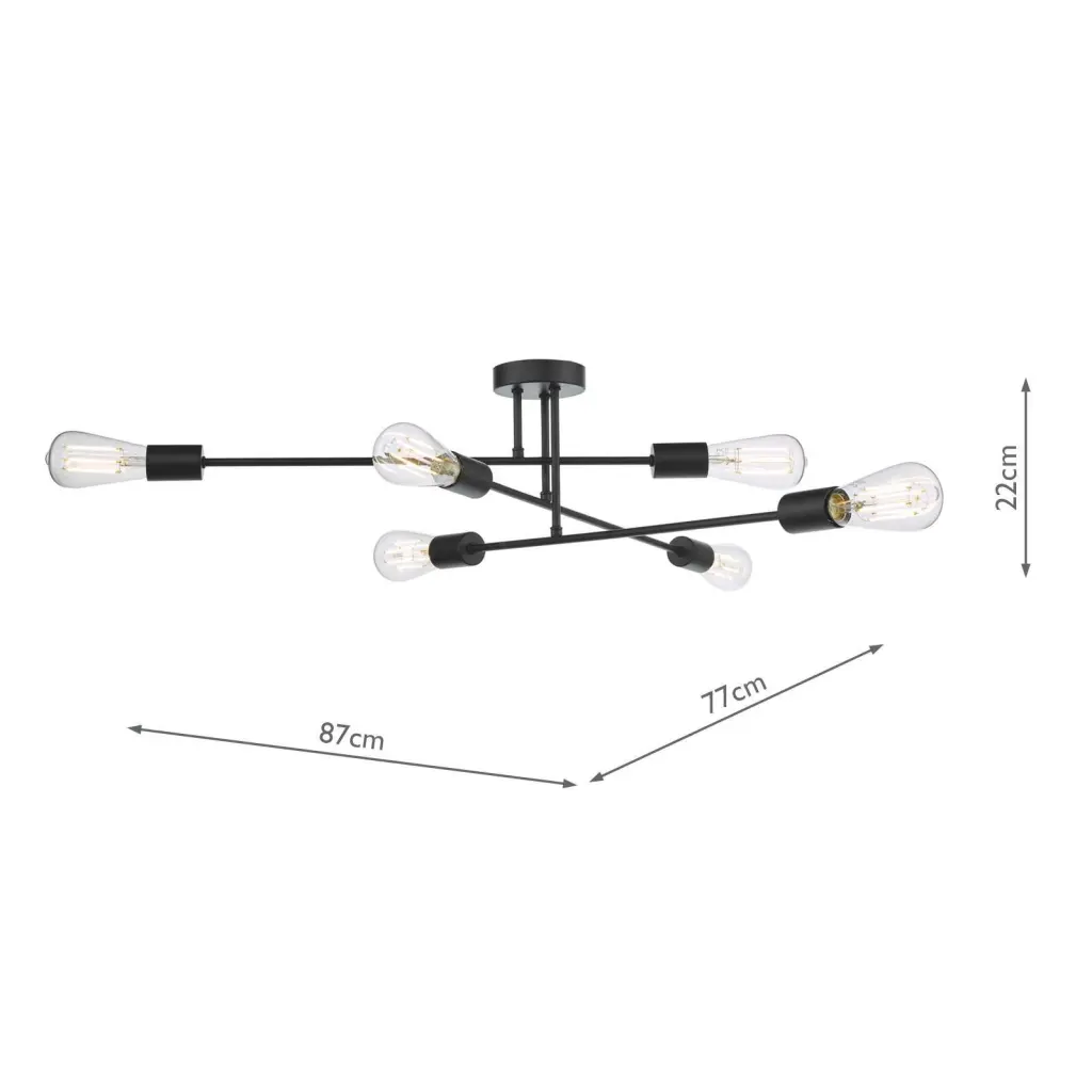 Neve 6 Light Matt Black Semi Flush