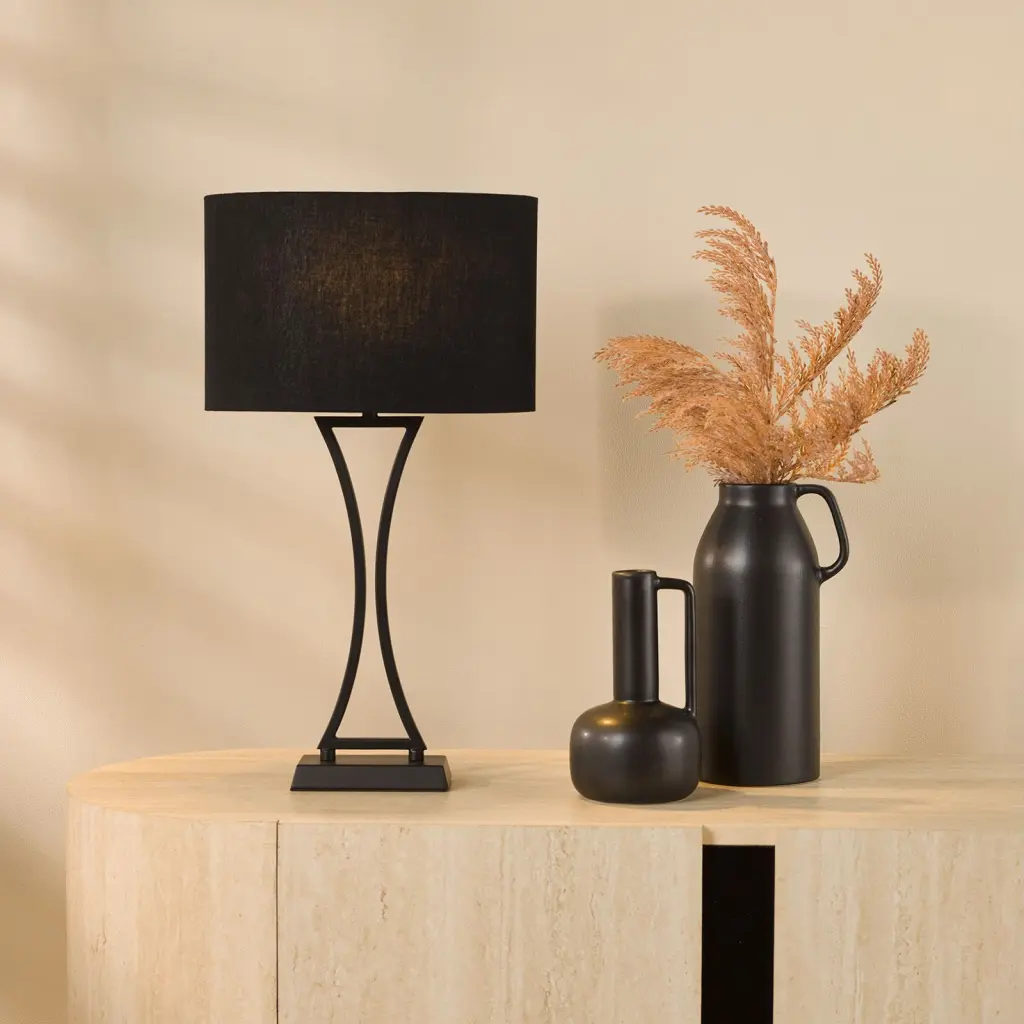 Oporto Matt Black Table Lamp C/W Shade