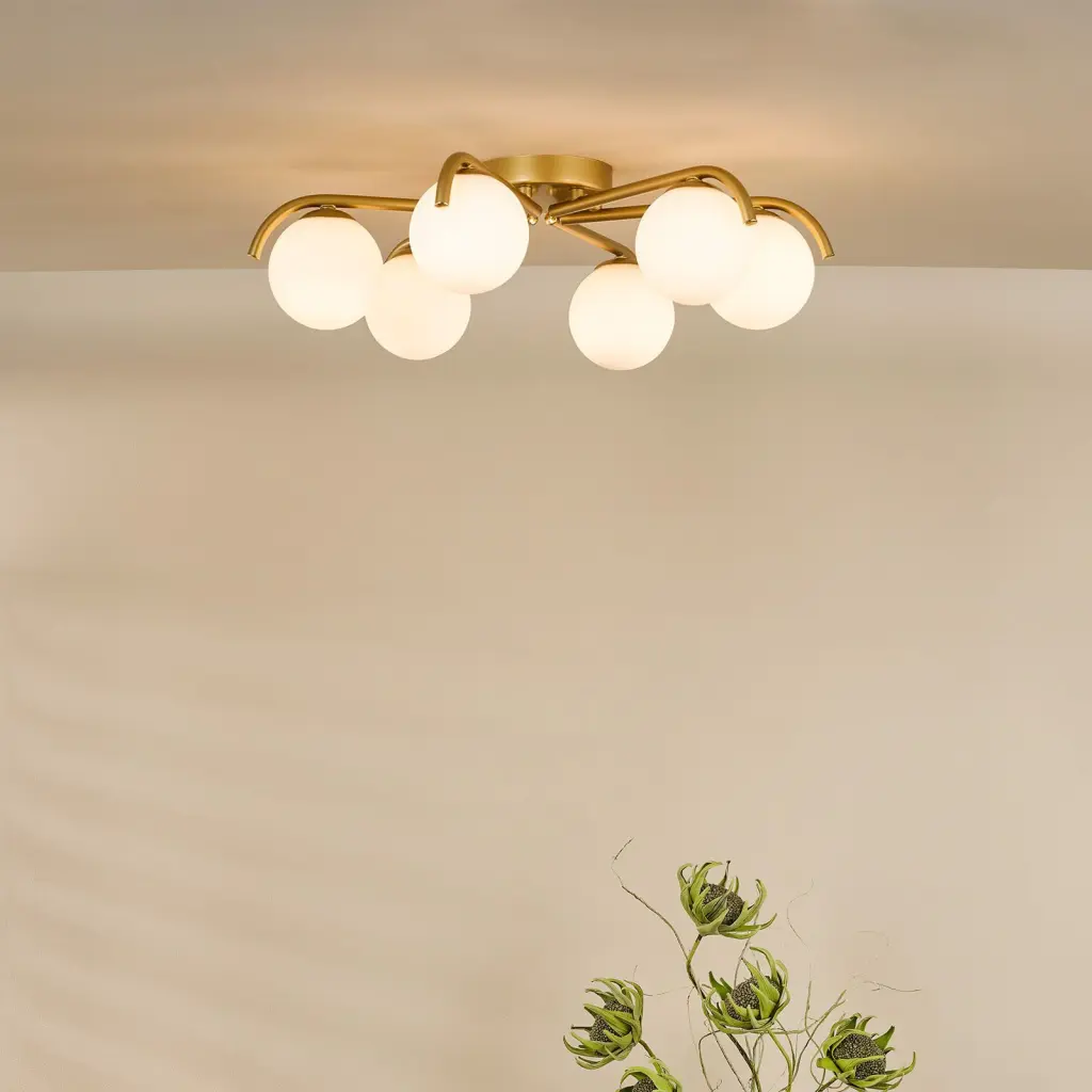 Orlena 6 Light Flush in Satin Gold & Opal Glass