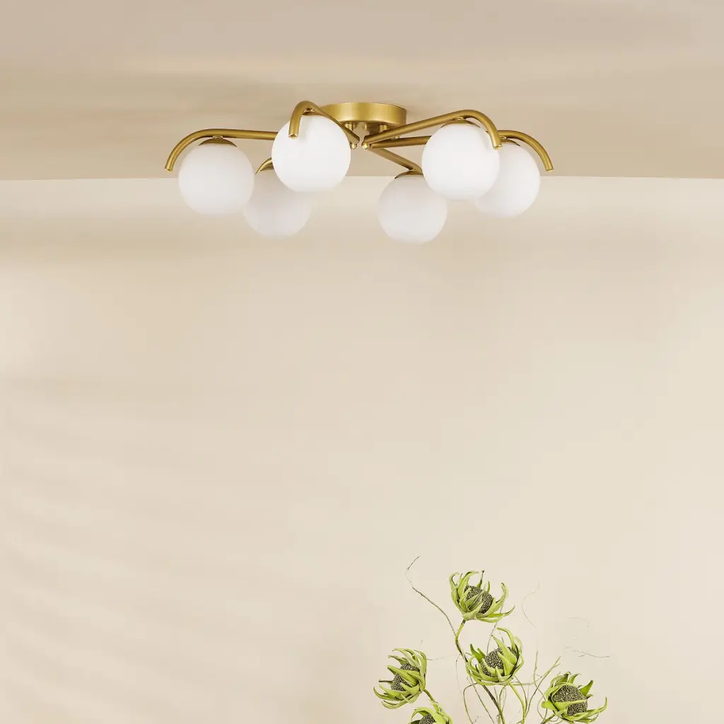 Orlena 6 Light Flush in Satin Gold & Opal Glass