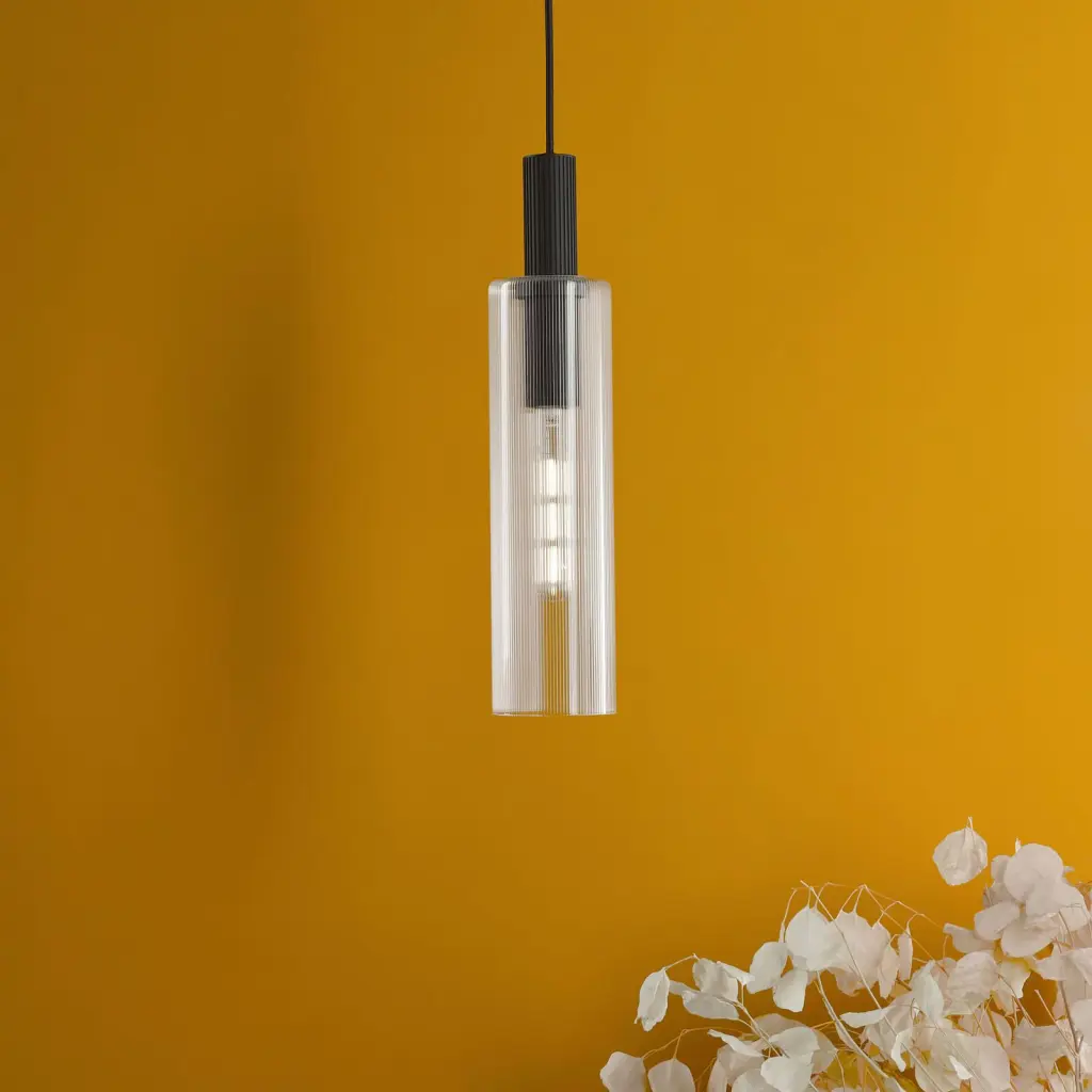 Ruben Satin Black & Ribbed Glass Pendant