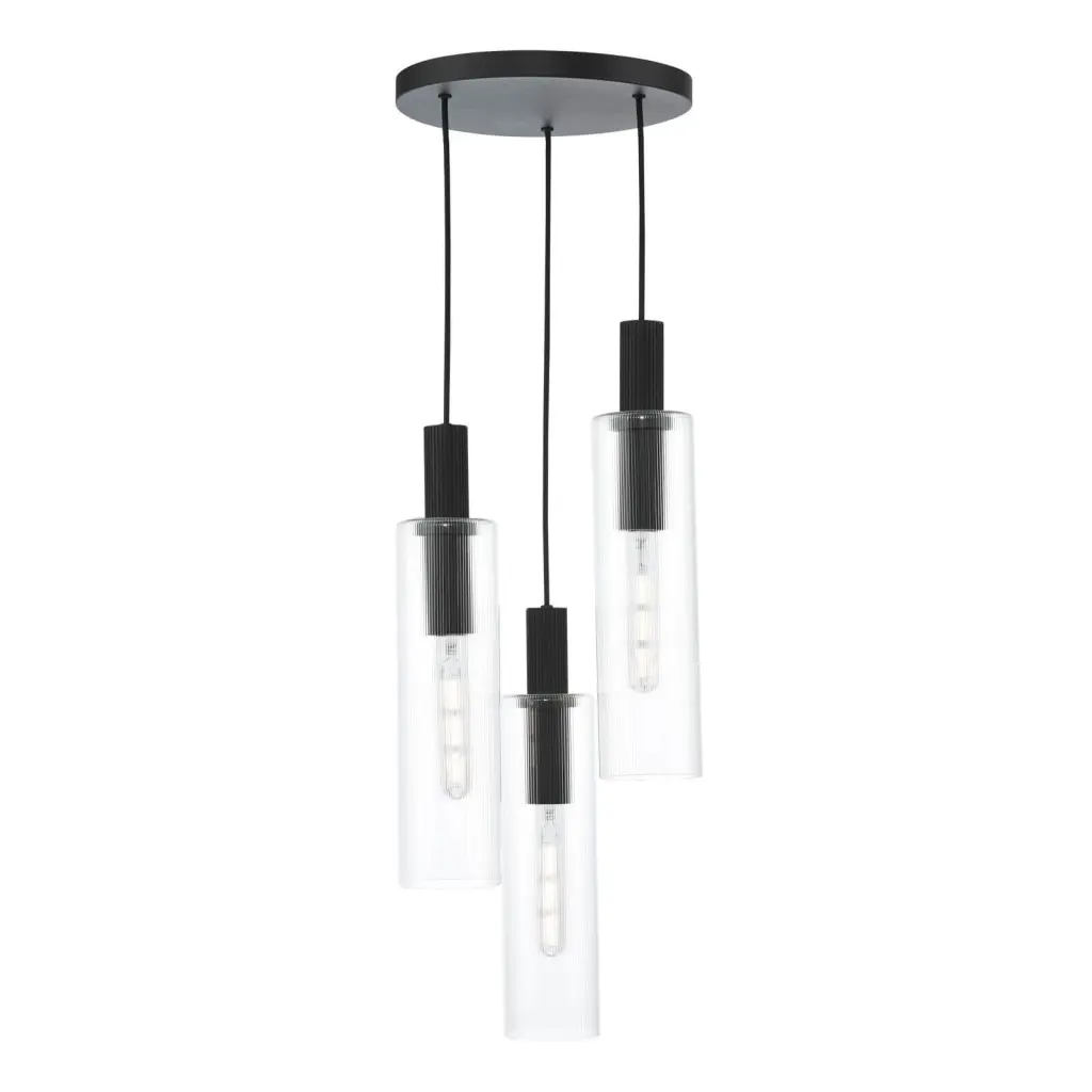 Ruben 3 Light Cluster in Satin Black & Ribbed Glass Pendant