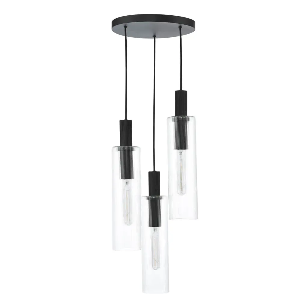 Ruben 3 Light Cluster in Satin Black & Ribbed Glass Pendant