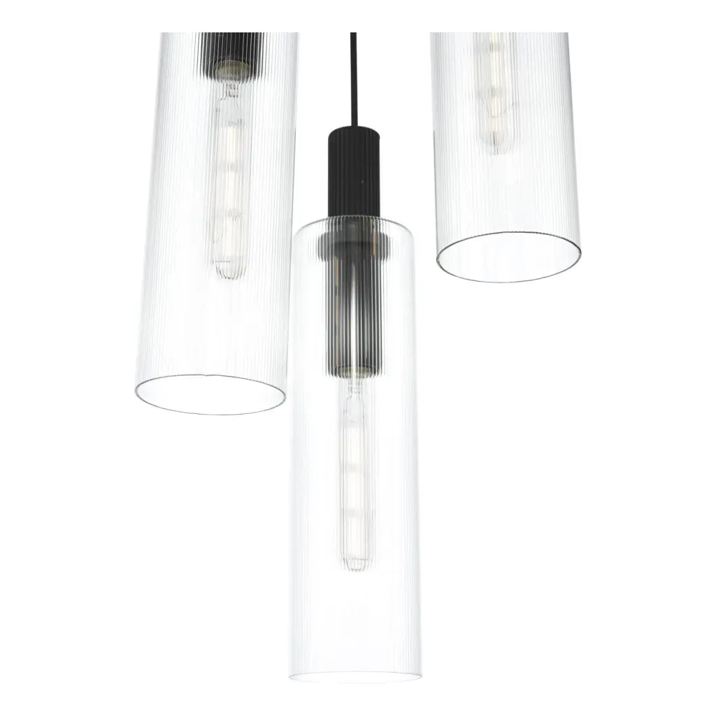 Ruben 3 Light Cluster in Satin Black & Ribbed Glass Pendant
