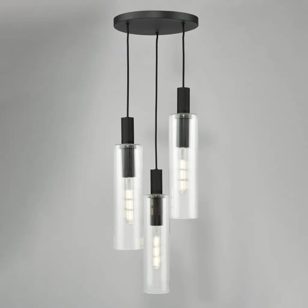 Ruben 3 Light Cluster in Satin Black & Ribbed Glass Pendant