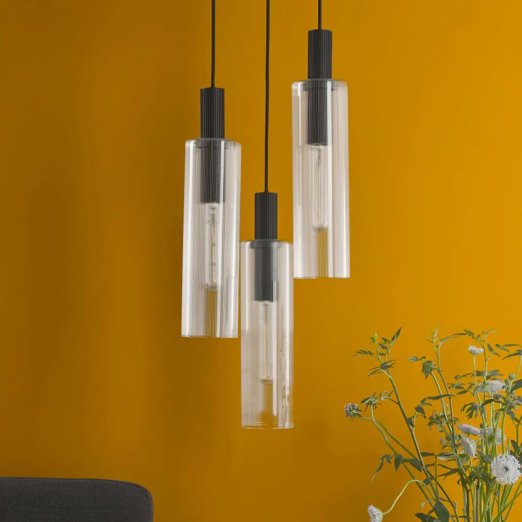 Ruben 3 Light Cluster in Satin Black & Ribbed Glass Pendant