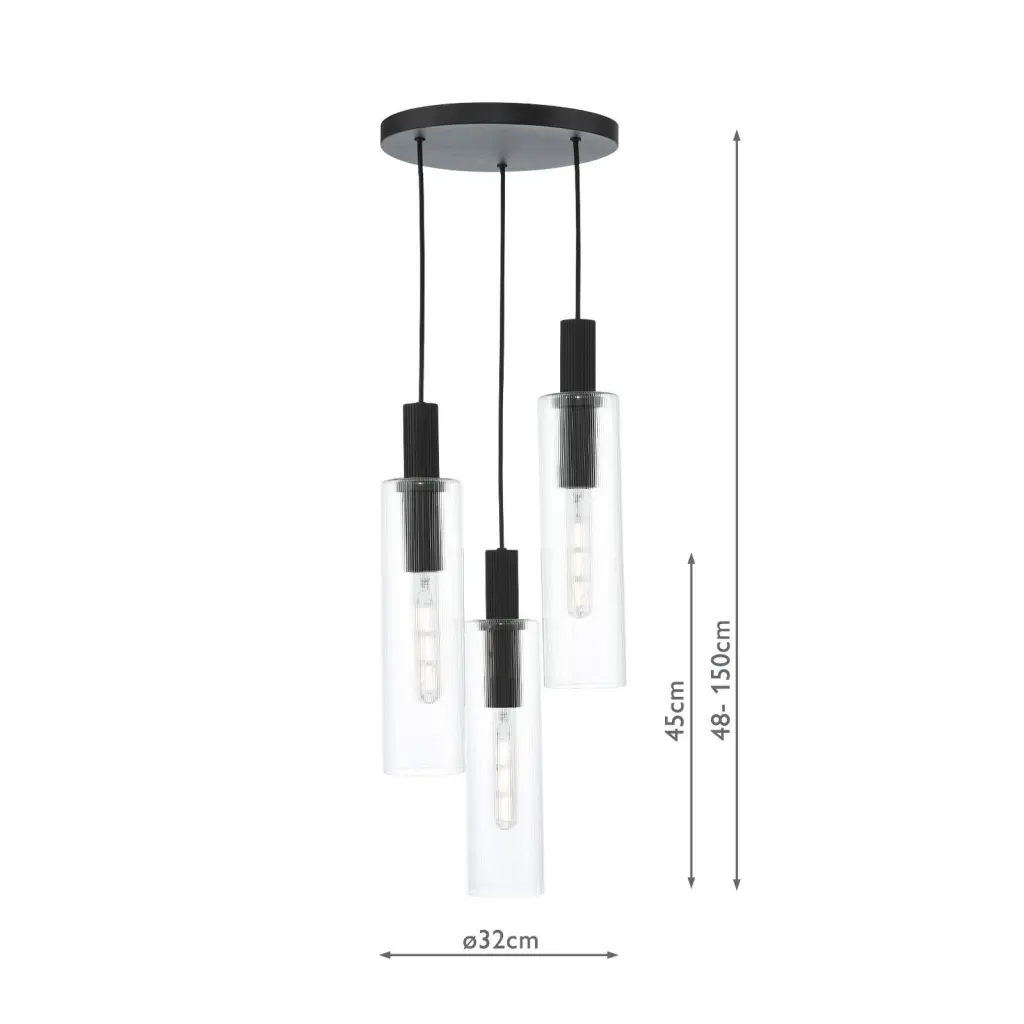 Ruben 3 Light Cluster in Satin Black & Ribbed Glass Pendant