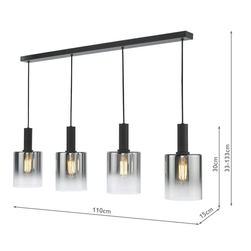 Savannah 4 Light Bar Pendant in Matt Black & Smoked Glass Finish
