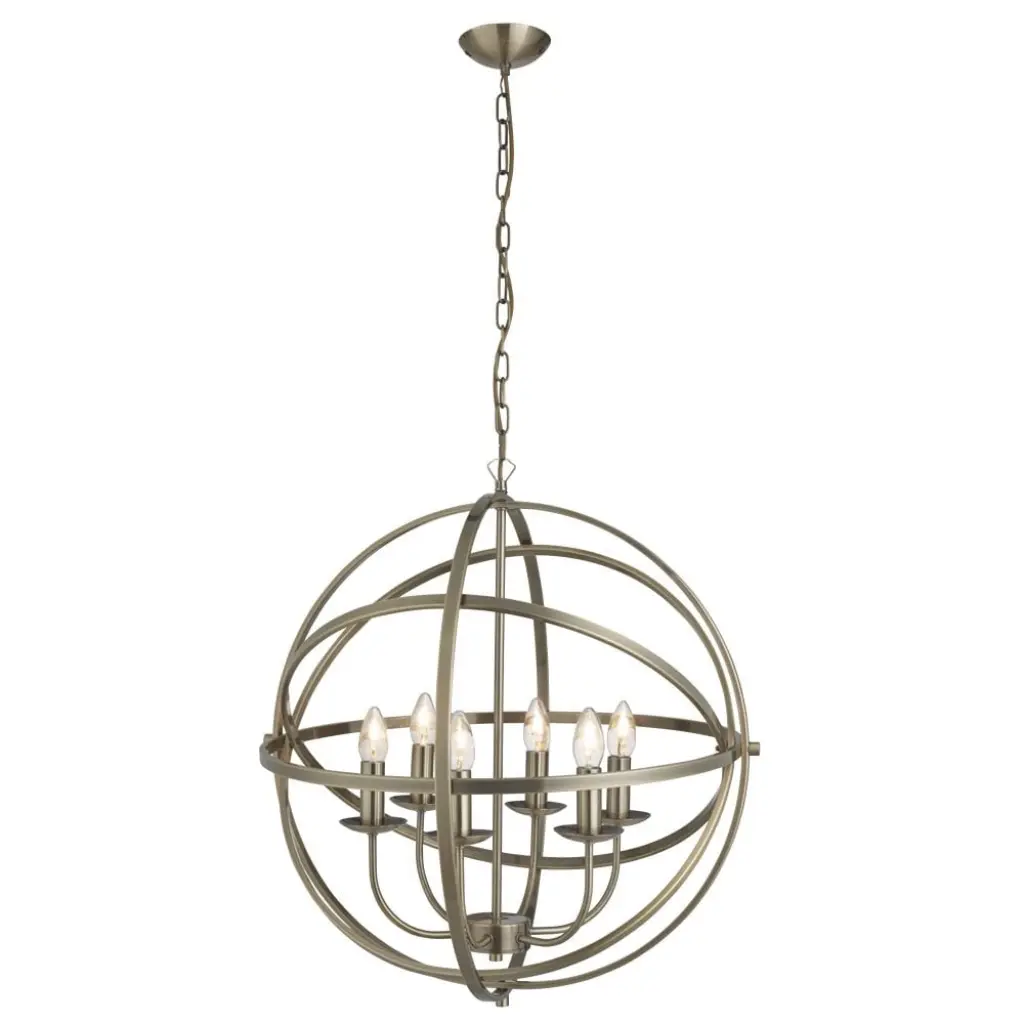 Orbit 6 Light Cage Frame Orb Pendant Antique Brass