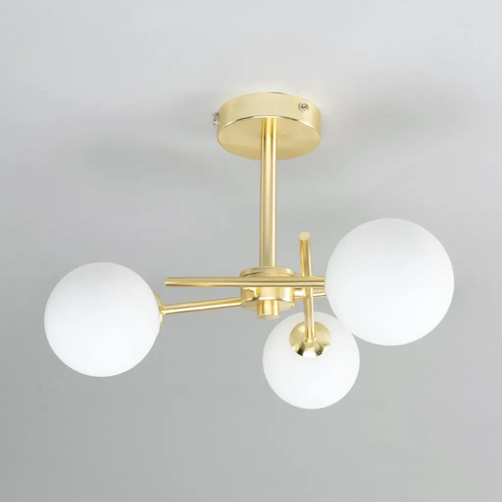 Lindos 3 Light Semi Flush Fitting in Satin Brass & Opal Glass