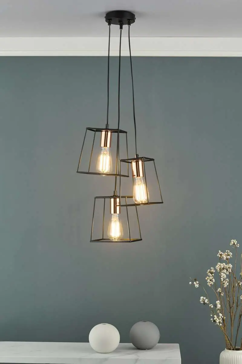 Tower 3 Light Cluster Pendant Black with Copper Detail