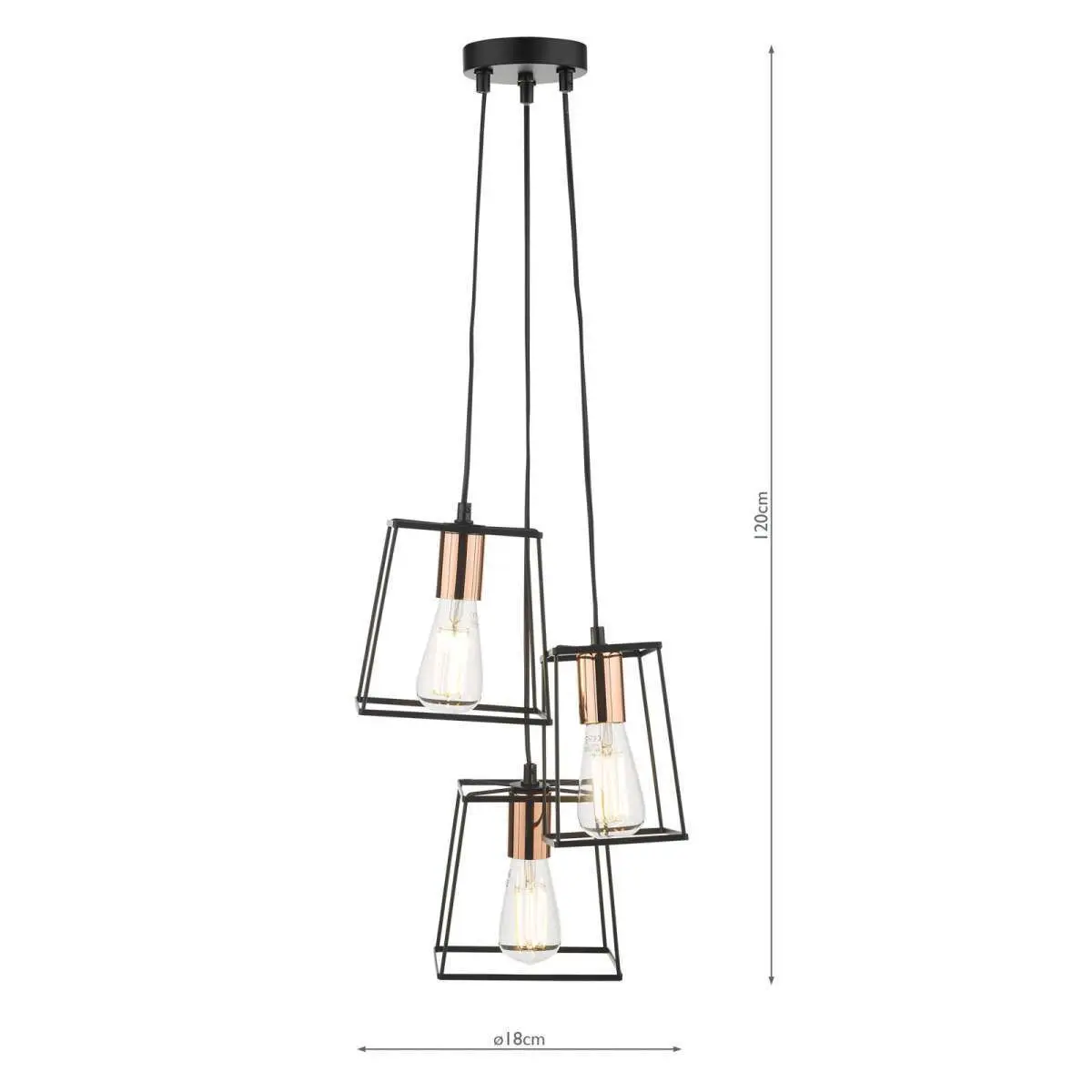 Tower 3 Light Cluster Pendant Black with Copper Detail