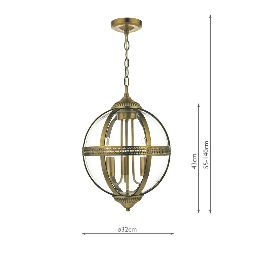 Vanessa 3lt Pendant Antique Brass & Clear
