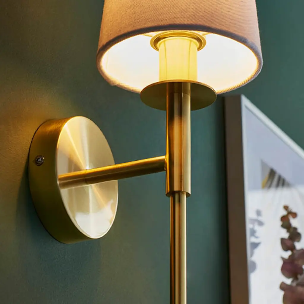 Roe Satin Brass Wall Light C/W White Shade