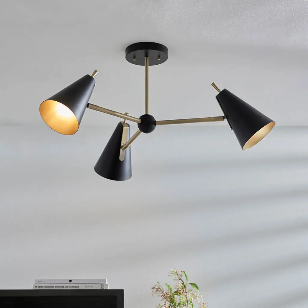 Matt Antique Gold & Matt Black 3 Light Semi Flush