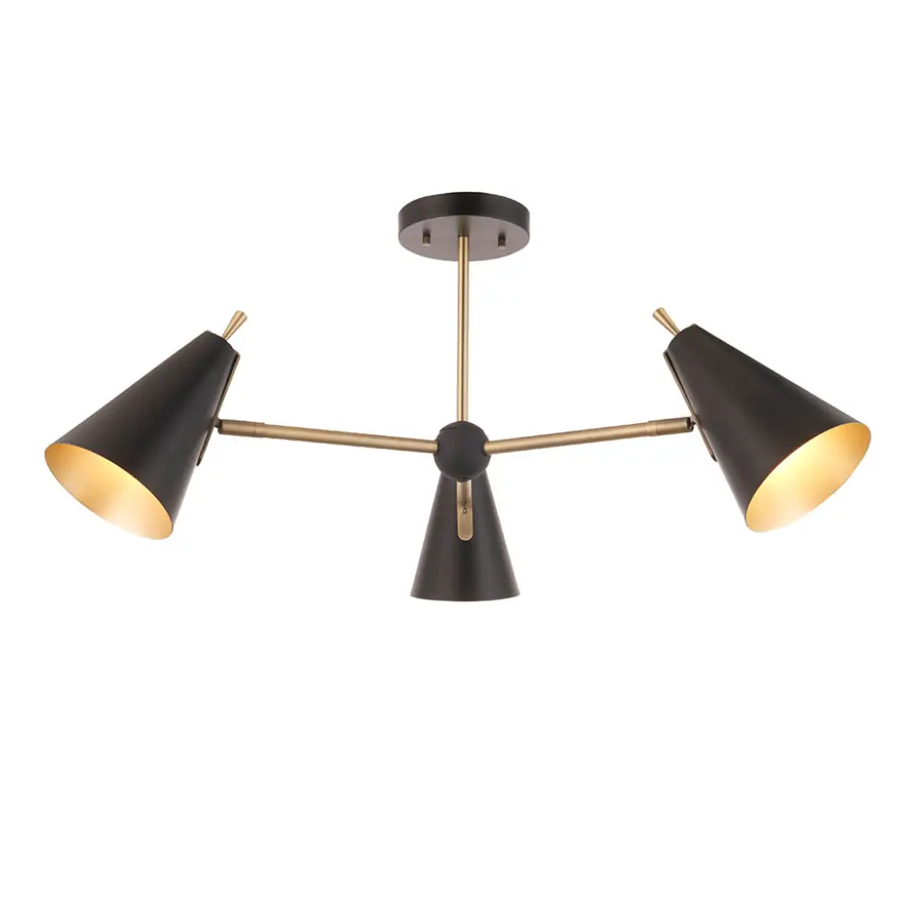 Matt Antique Gold & Matt Black 3 Light Semi Flush