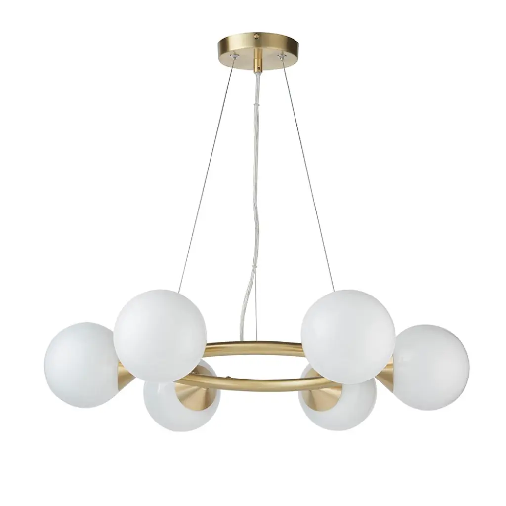 Eve 6 Light Satin Brass Pendant C/W Gloss White Shades