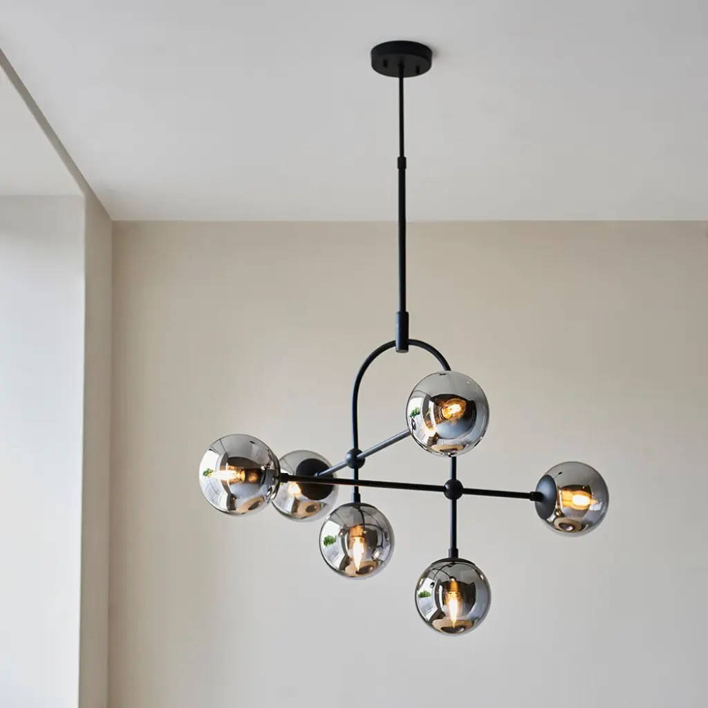 Erin 6 Light Black Pendant C/W Smoked Shades